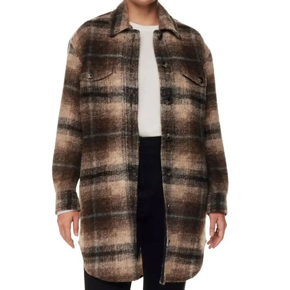 NWT Aritzia Shirt Jacket Women's XS Brown Plaid The Ganna Long Merino Wool